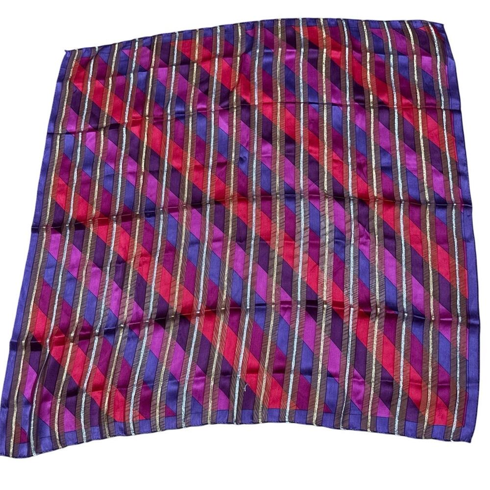 Oscar de la Renta Vintage Striped Silk Luxury Square Scarf Fuchsia Purple EUC